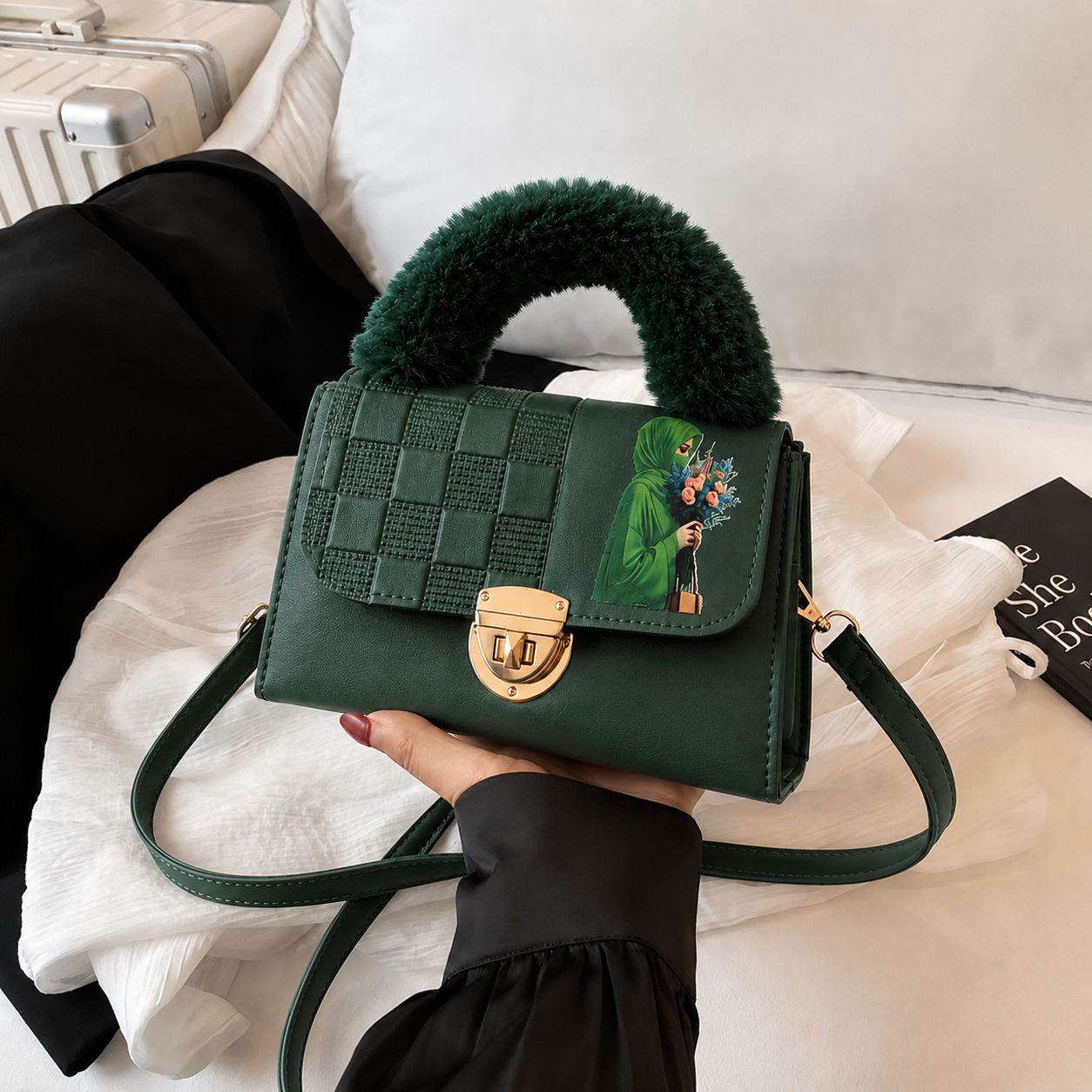 Pinkorra Charles & Keith Crossbody Bag | Fur Handle | Quilted Design | Hijabi Print | Gold Lock Closure | Medium Size