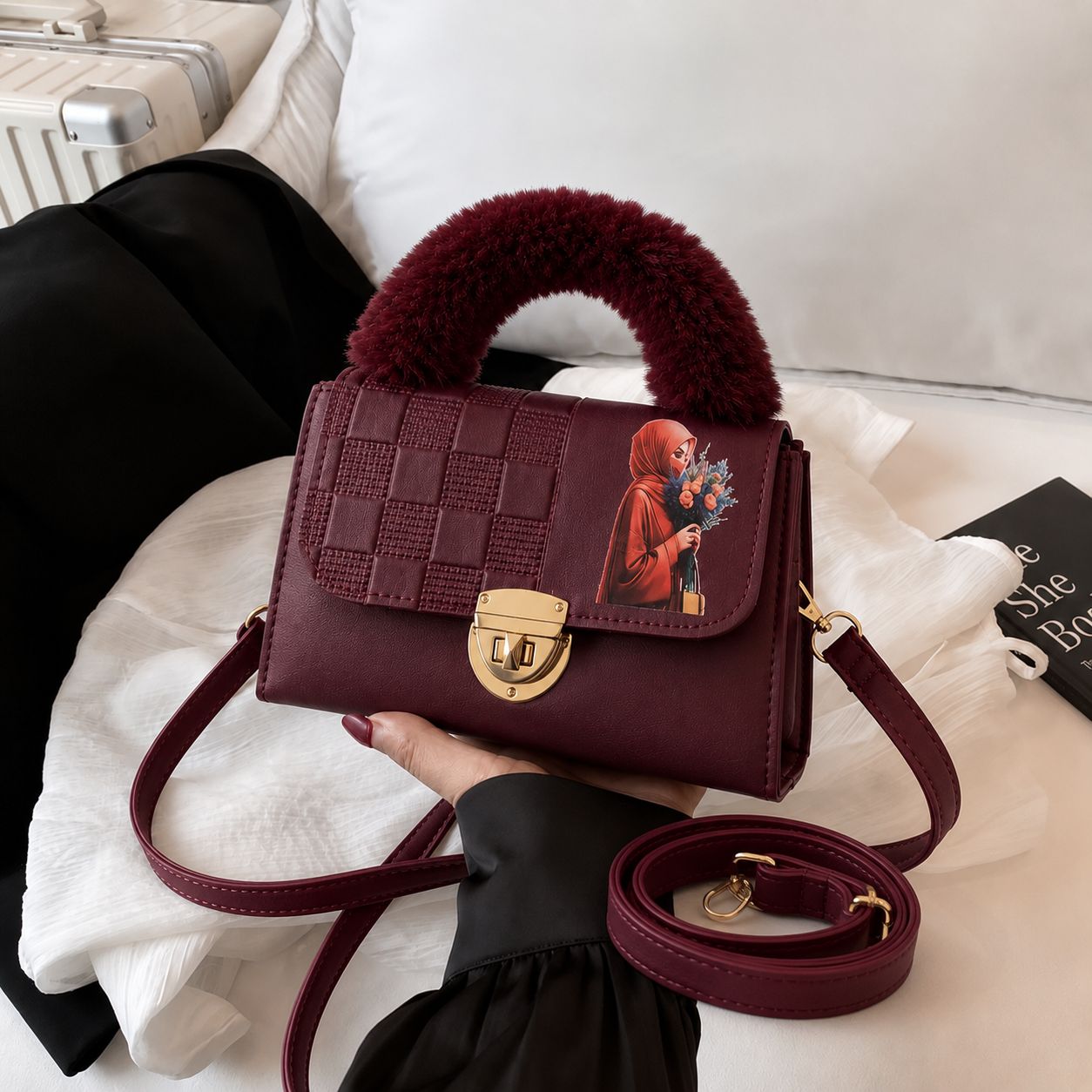 Pinkorra Charles & Keith Crossbody Bag | Fur Handle | Quilted Design | Hijabi Print | Gold Lock Closure | Medium Size
