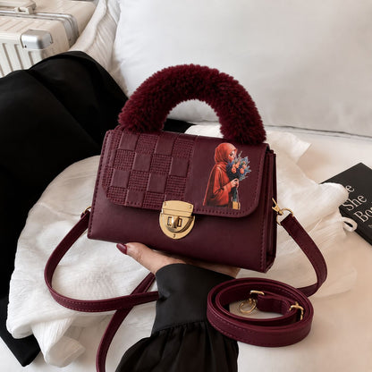 Pinkorra Charles & Keith Crossbody Bag | Fur Handle | Quilted Design | Hijabi Print | Gold Lock Closure | Medium Size