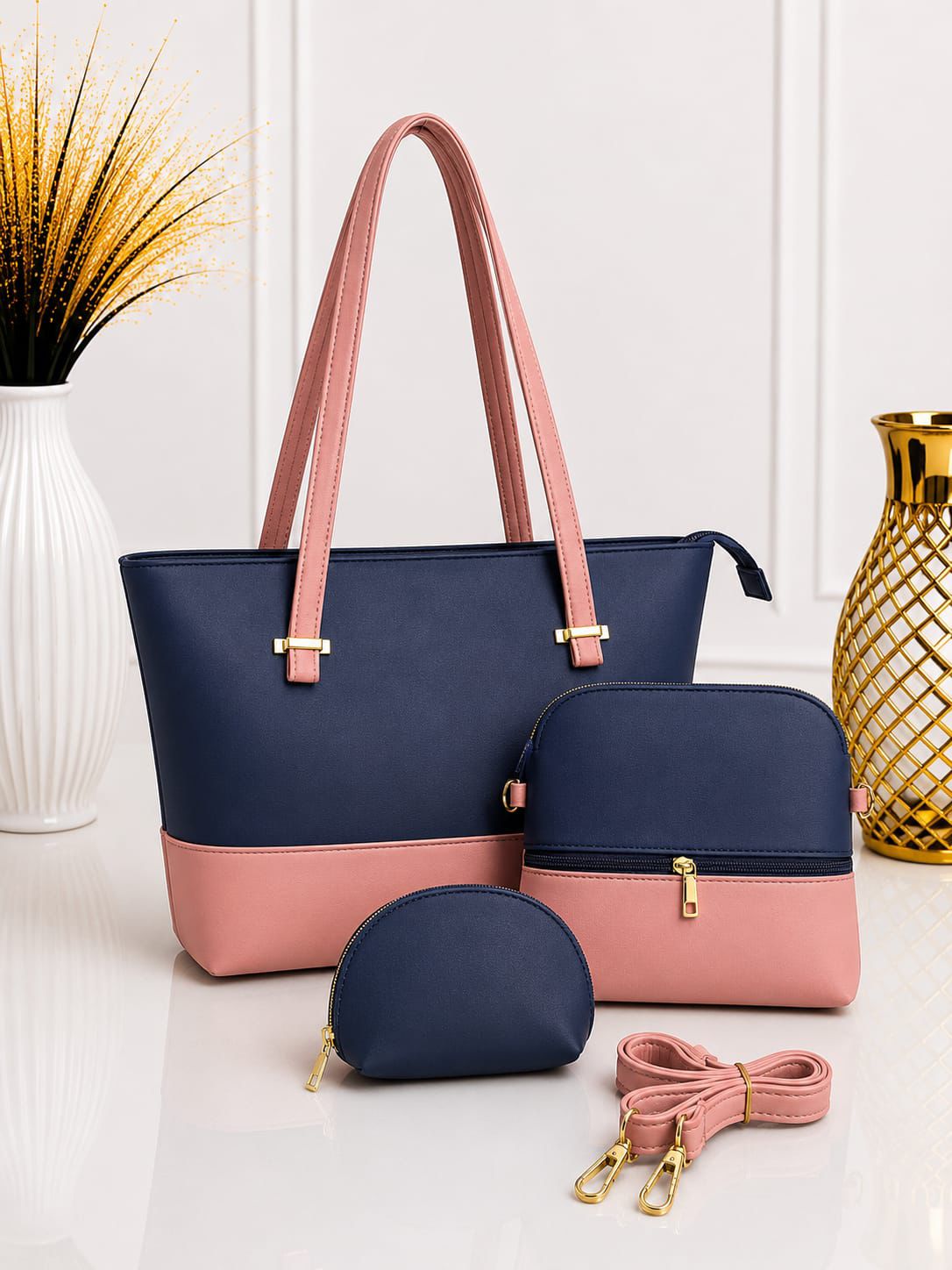 Pinkorra 3Pcs Shoulder Bag Set for Women | Artificial Leather | Unique Handle | Long Strap | 8 Colors
