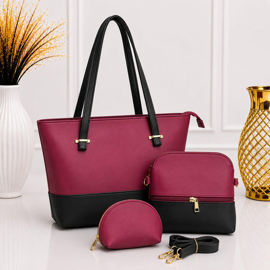 Pinkorra 3Pcs Shoulder Bag Set for Women | Artificial Leather | Unique Handle | Long Strap | 8 Colors