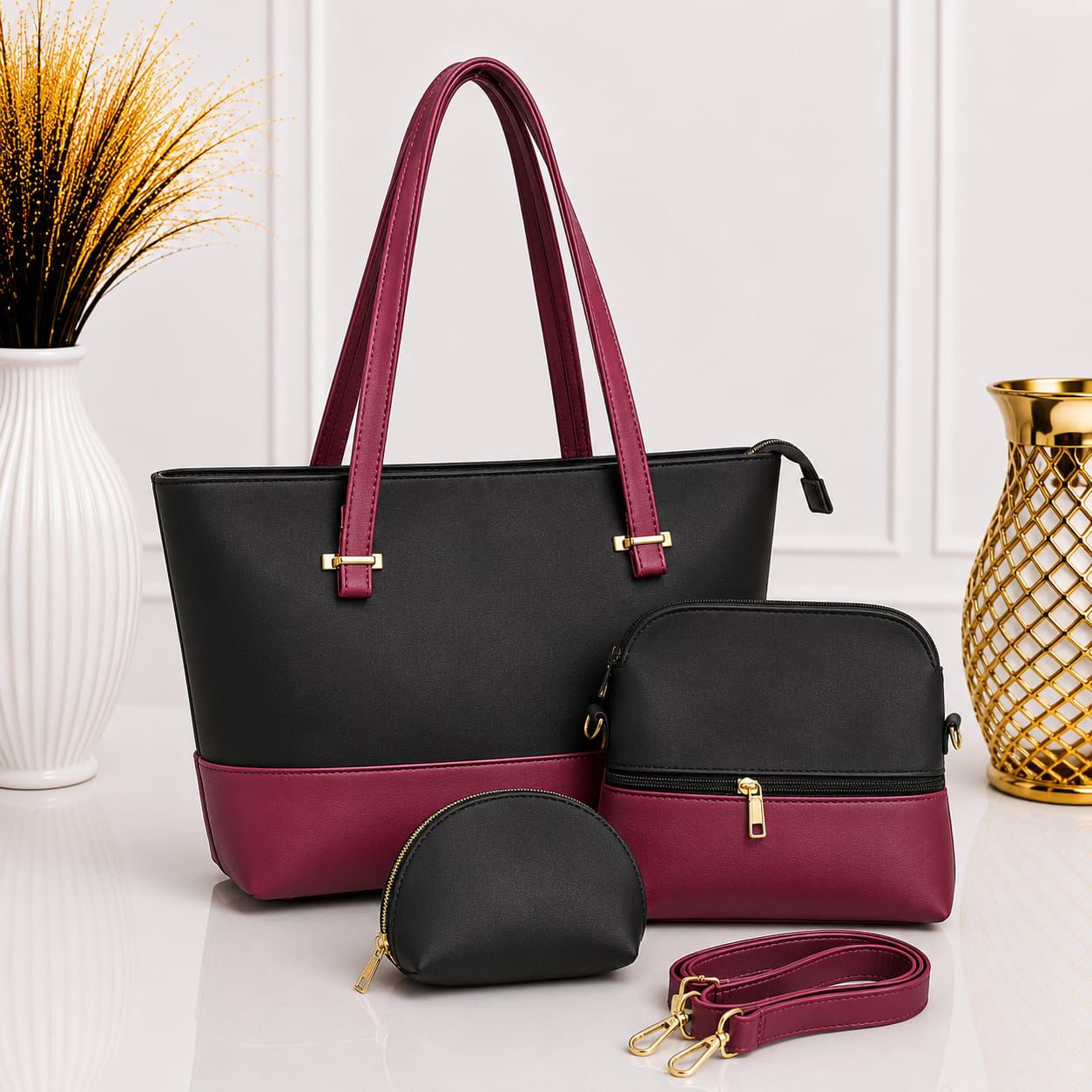Pinkorra 3Pcs Shoulder Bag Set for Women | Artificial Leather | Unique Handle | Long Strap | 8 Colors