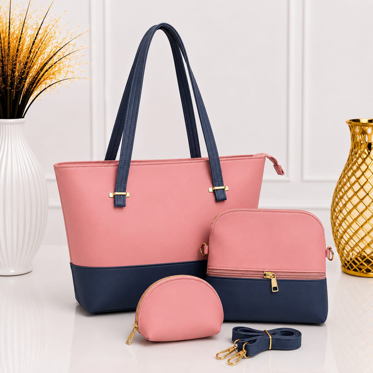 Pinkorra 3Pcs Shoulder Bag Set for Women | Artificial Leather | Unique Handle | Long Strap | 8 Colors