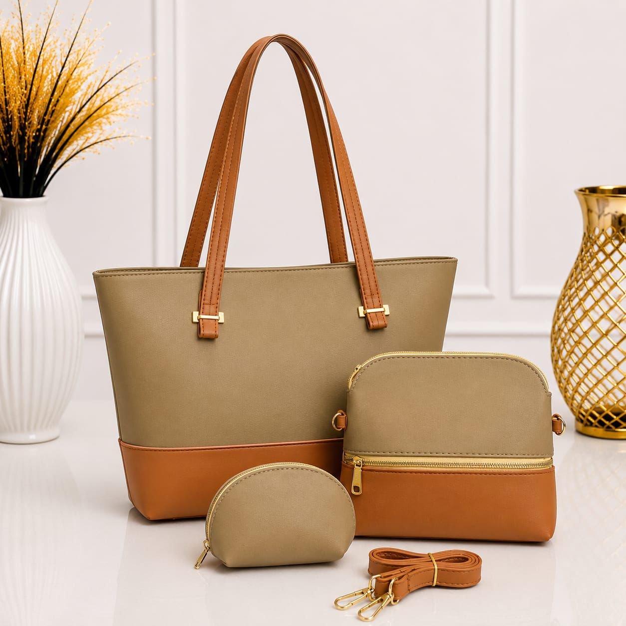 Pinkorra 3Pcs Shoulder Bag Set for Women | Artificial Leather | Unique Handle | Long Strap | 8 Colors