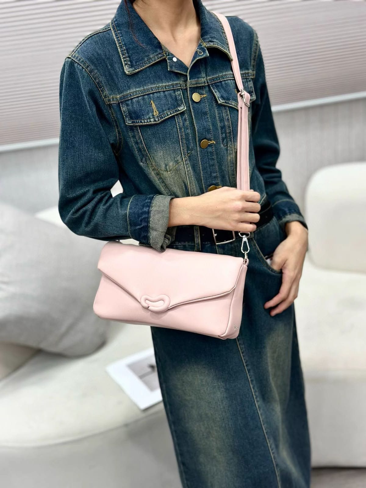 Pinkorra Branded Envelope Flap Crossbody & Shoulder Bag | Knotted Loop Hardware | Pleated Strap | Premium Soft Leather | 10 Colors