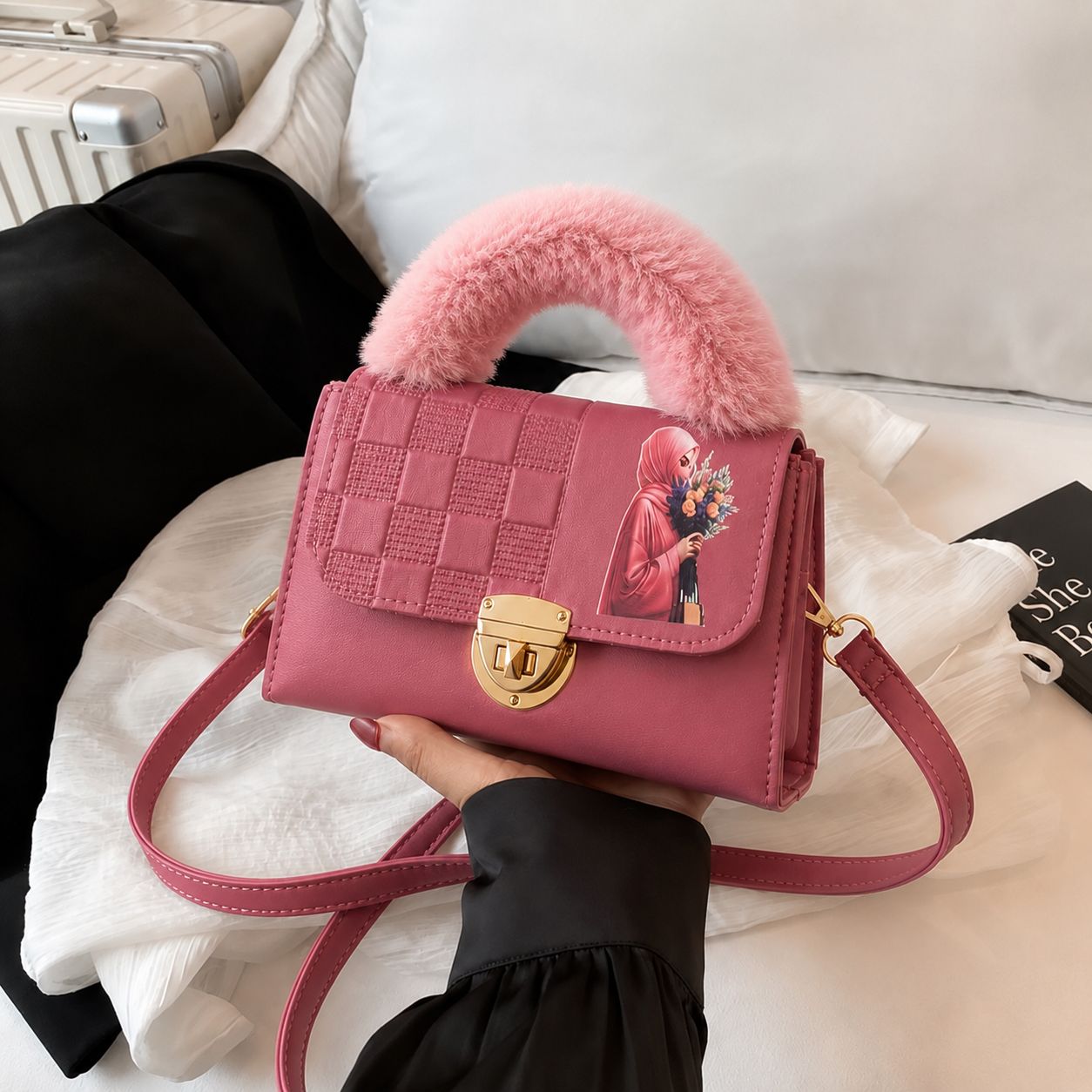 Pinkorra Charles & Keith Crossbody Bag | Fur Handle | Quilted Design | Hijabi Print | Gold Lock Closure | Medium Size