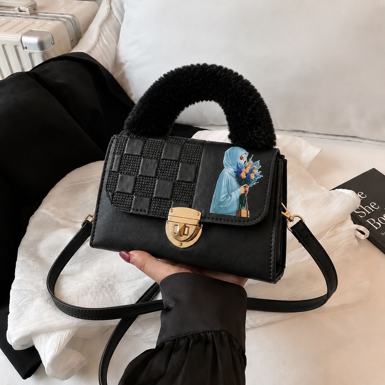Pinkorra Charles & Keith Crossbody Bag | Fur Handle | Quilted Design | Hijabi Print | Gold Lock Closure | Medium Size