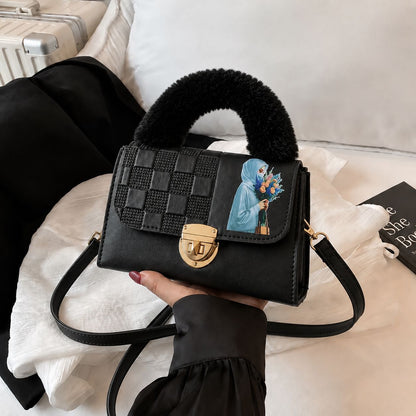 Pinkorra Charles & Keith Crossbody Bag | Fur Handle | Quilted Design | Hijabi Print | Gold Lock Closure | Medium Size