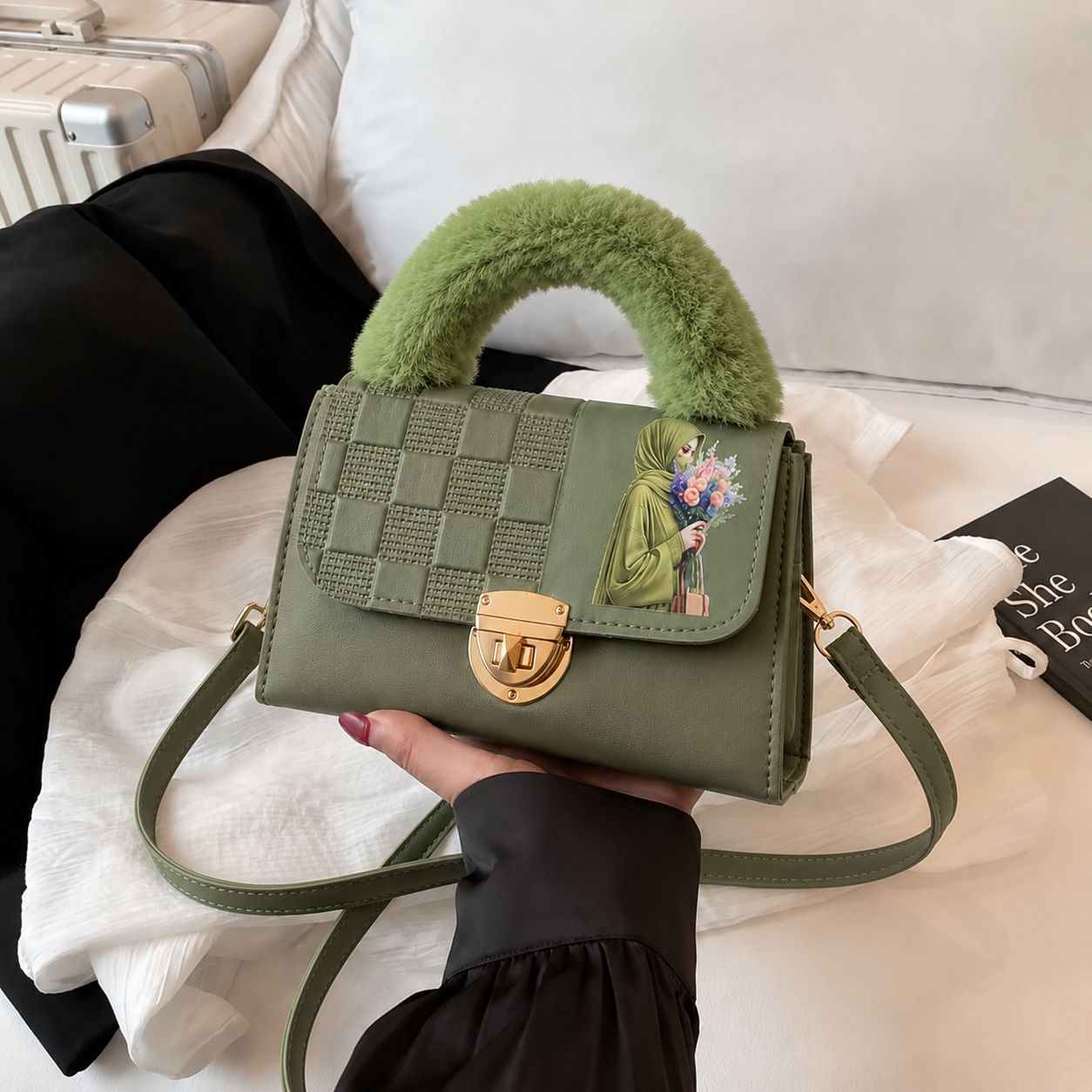 Pinkorra Charles & Keith Crossbody Bag | Fur Handle | Quilted Design | Hijabi Print | Gold Lock Closure | Medium Size