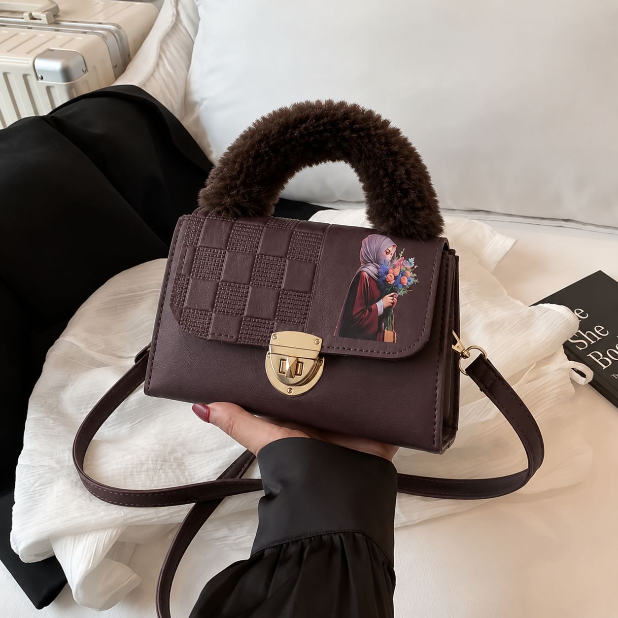Pinkorra Charles & Keith Crossbody Bag | Fur Handle | Quilted Design | Hijabi Print | Gold Lock Closure | Medium Size