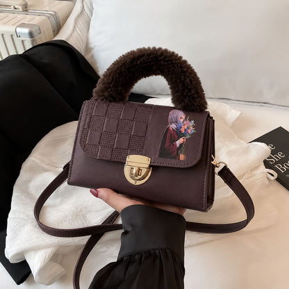 Pinkorra Charles & Keith Crossbody Bag | Fur Handle | Quilted Design | Hijabi Print | Gold Lock Closure | Medium Size
