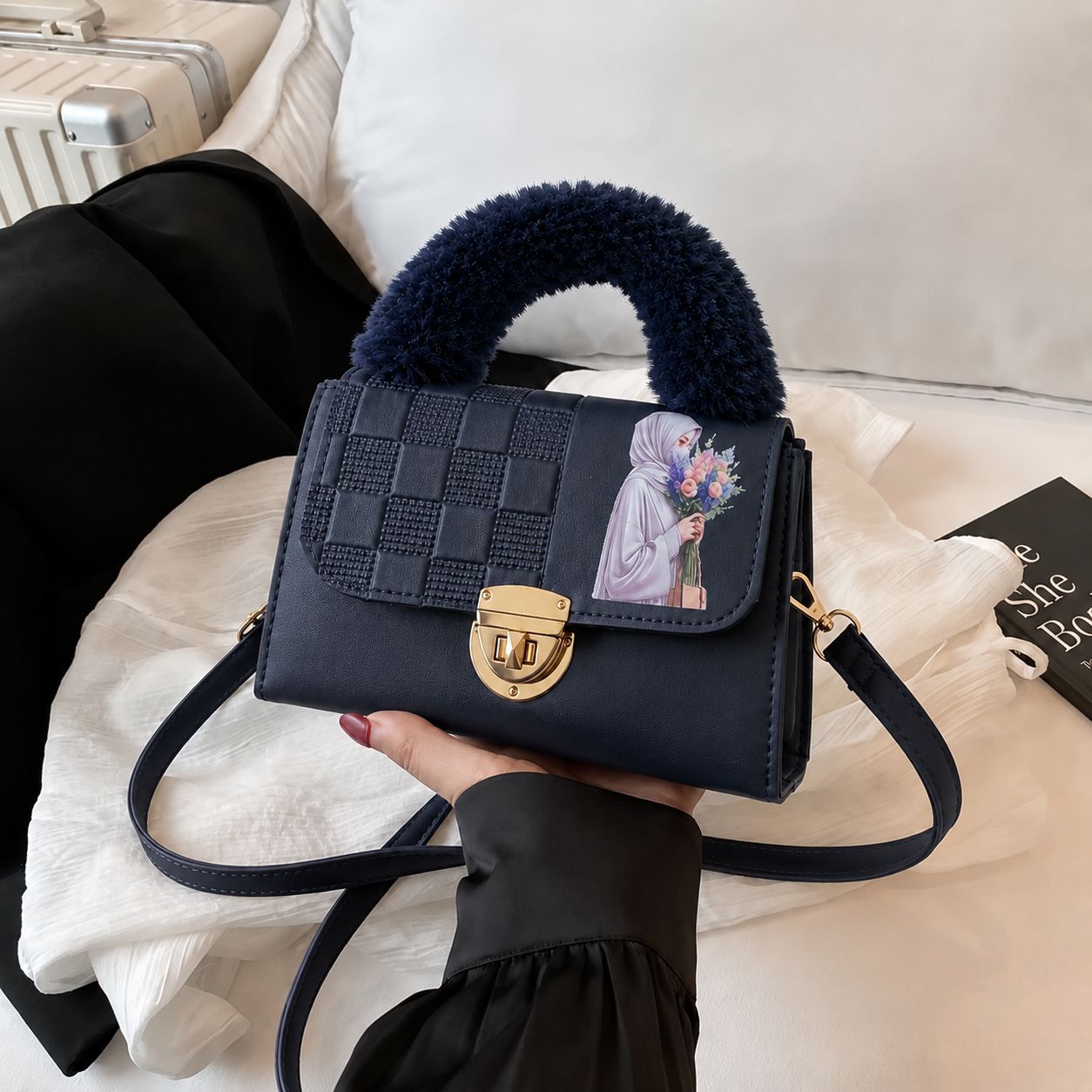 Pinkorra Charles & Keith Crossbody Bag | Fur Handle | Quilted Design | Hijabi Print | Gold Lock Closure | Medium Size